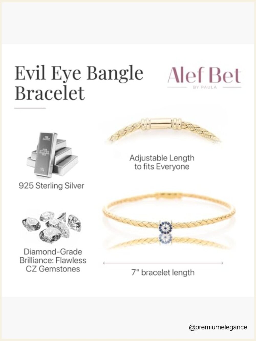 Evil Eye Bangle Bracelet 14k Yellow Gold Plated Sterling Silver CZ Gemstone - Picture 3 of 7